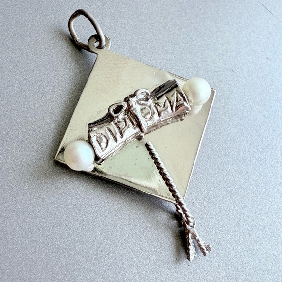 Jewelry - Sterling Silver 925 Graduation Diploma Cap Tassel Pearl Charm Pendant